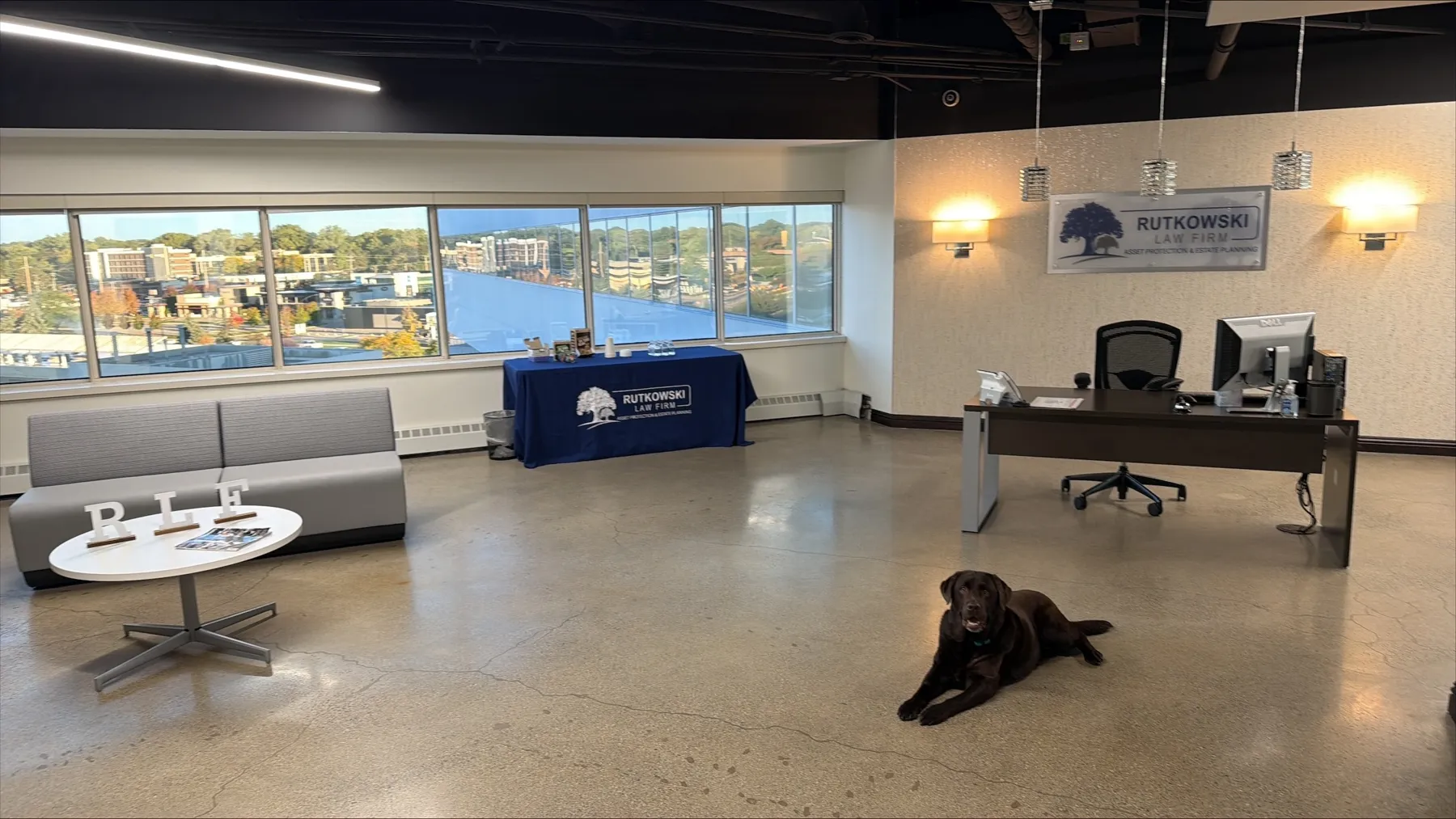 The sixth-floor reception area of Rutkowski Law Firm's Troy office in Suite 600 at 801 W. Big Beaver Road, with the Rutkowski Law Firm sign on the wall behind the front desk, gray lounge seating and a navy Rutkowski Law Firm table beside a wall of windows overlooking Troy, and Rudy, the office's chocolate Lab, lying on the polished concrete floor